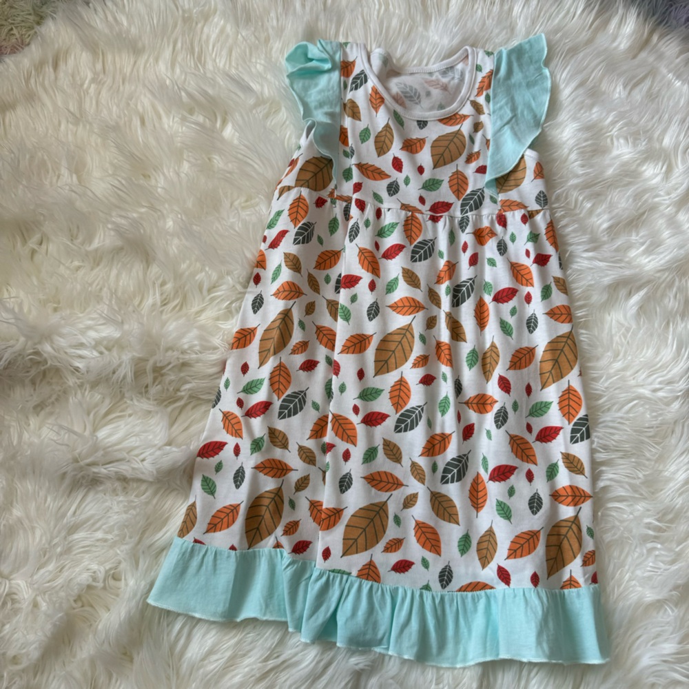 Girls fall/leaves dress with flutter sleeves-turquoise/orange